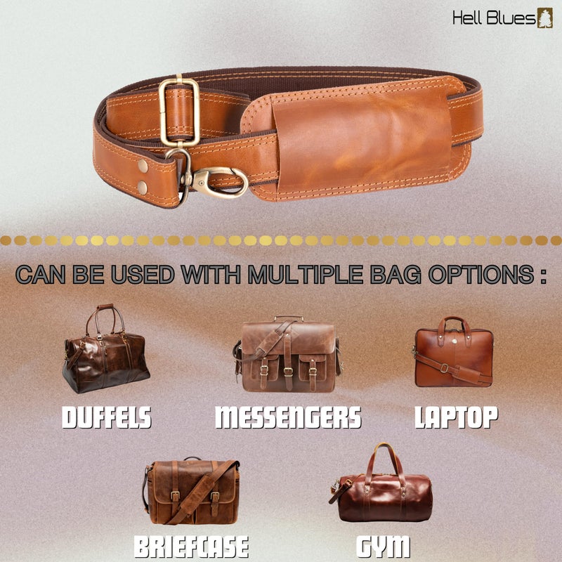 Hell Blues Bag Strap Replacement - Genuine Leather double layered with Brass Swivels ~ Adjustable Shoulder Strap for Messenger, Laptop, Camera, Travel Bags and More (CARAMEL BUFF) - Image 2